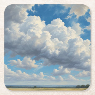 White Clouds and Clear Blue Sky Square Paper Coaster