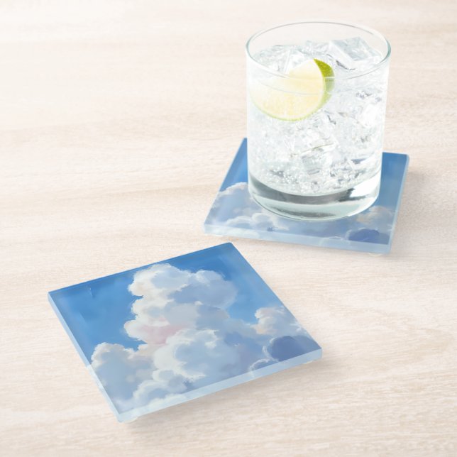 White Clouds Beautiful Blue Sky Watercolor Glass Coaster (Angled)