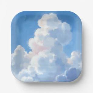 White Clouds Beautiful Blue Sky Watercolor Paper Plates