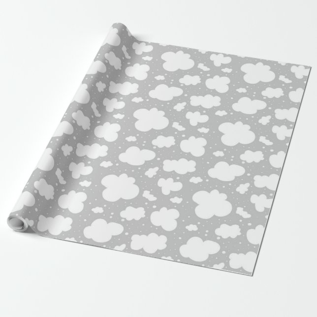 White Clouds on Grey Background Pattern Gift Wrapping Paper (Unrolled)