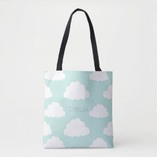 White Clouds Pattern Personalized Aqua Tote Bag