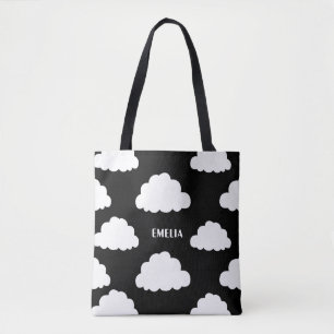 White Clouds Pattern Personalized Black Tote Bag