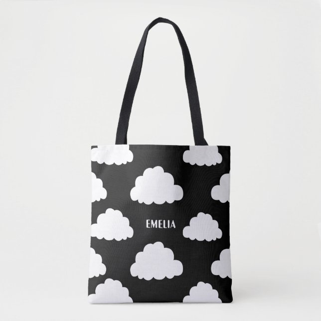 White Clouds Pattern Personalized Black Tote Bag (Front)