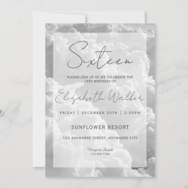 White Clouds Sweet Sixteen Birthday Party Invitation (Front)