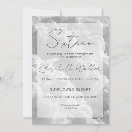 White Clouds Sweet Sixteen Birthday Party Invitation
