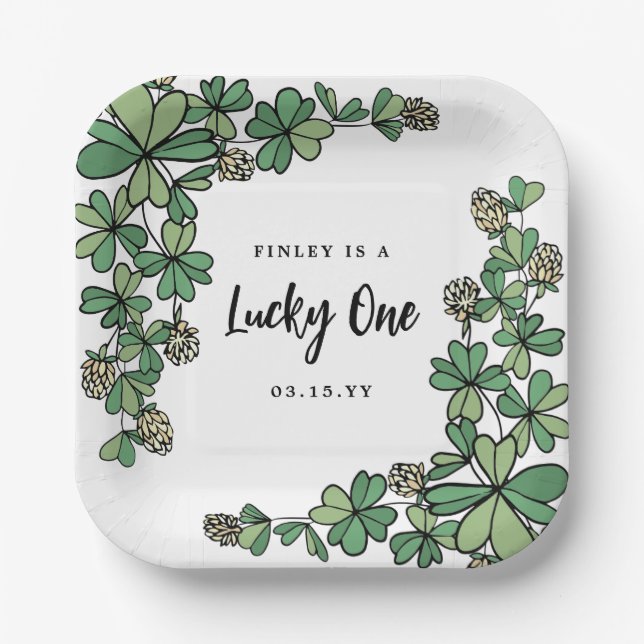 White Clovers Lucky One First Birthday Paper Plates (Front)