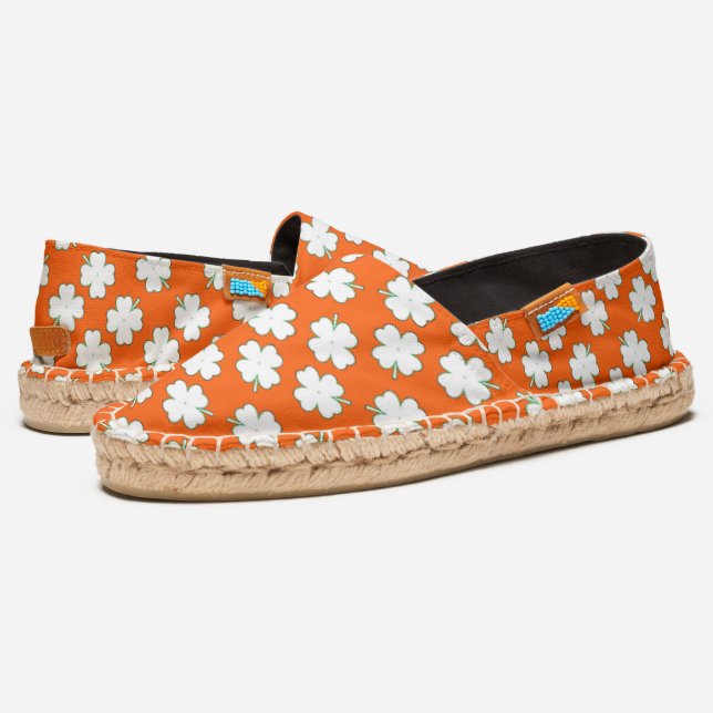 WHITE CLOVERS ON ORANGE ESPADRILLES (Angled)