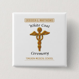 White Coat Ceremony Gold Medical, Square Gift Item Pinback Button
