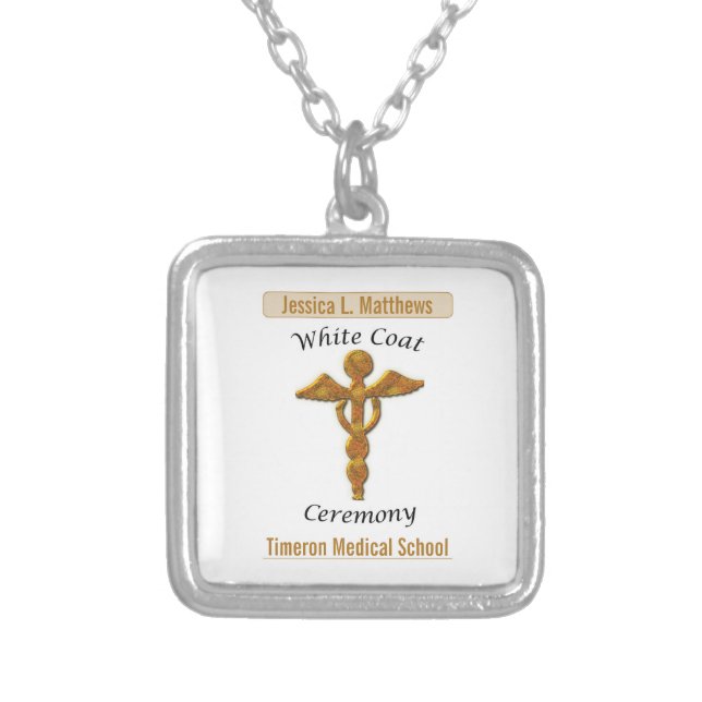White Coat Ceremony Gold Medical, Square Gift Item Silver Plated Necklace (Front)
