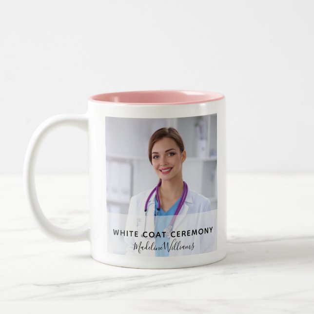 White Coat Ceremony Photo Name Date Two-Tone Coffee Mug (Left)