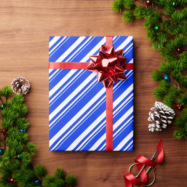 White Cobalt Blue Candy Cane Stripe Holiday Wrapping Paper (Holiday Gift)