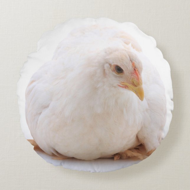 White Cochin Hen Chicken Round Pillow (Front)