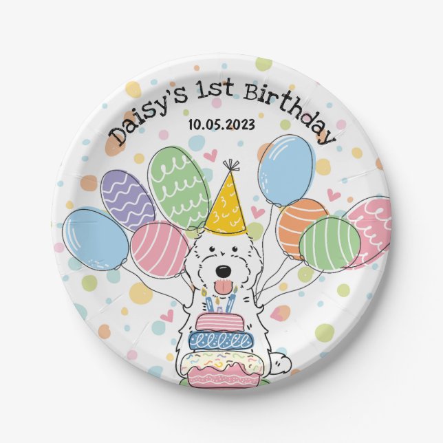 White Cockapoo Cavapoo Dog Birthday  Paper Plates (Front)