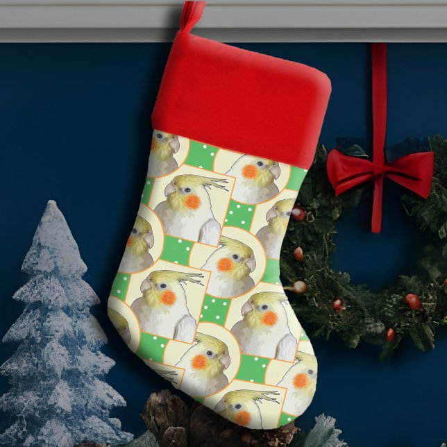 White Cockatiel Pattern Bright Green Fun Pet Bird Christmas Stocking (Cockatiel pattern Christmas stocking holiday decor for pet bird owner gifts, parrot toys & treats)