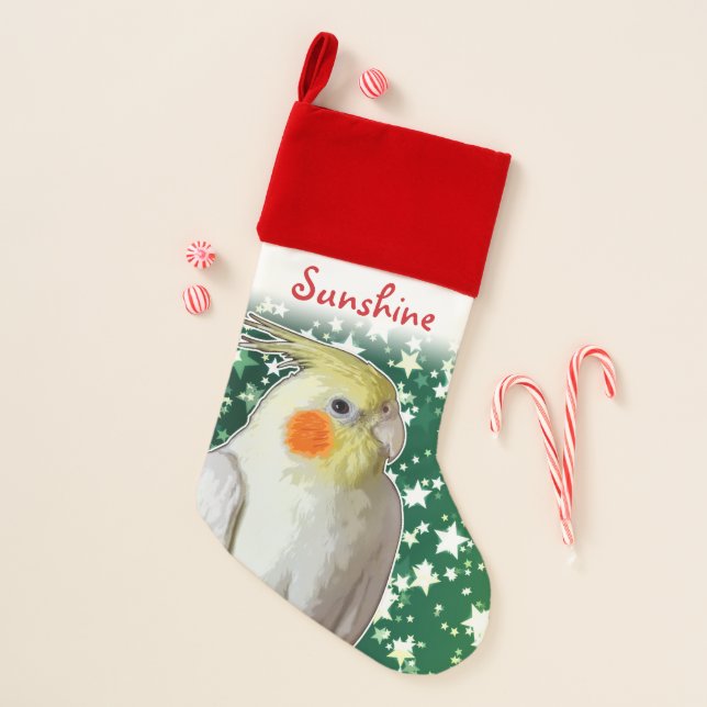 White Cockatiel Pet Bird Name Green Holiday Stars Christmas Stocking (Front)