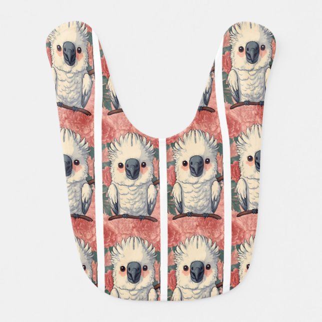 White Cockatoo in Pink Print Baby Bib (Front)