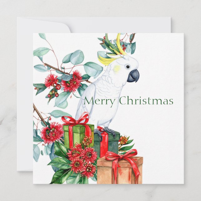 White Cockatoo Presents Merry Christmas Holiday Card (Front)