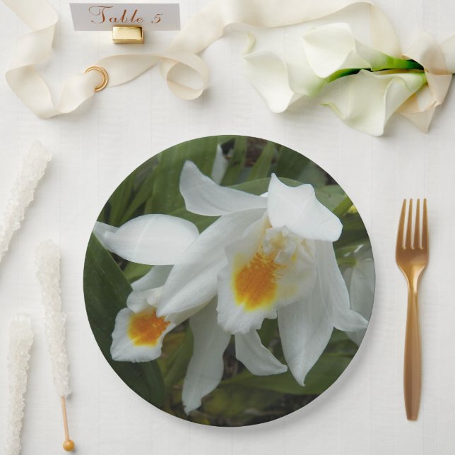 White Coelogyne Mooreana Orchids Floral Paper Plates (Wedding)