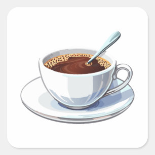 White coffee cup on a saucer filled with coffee square sticker