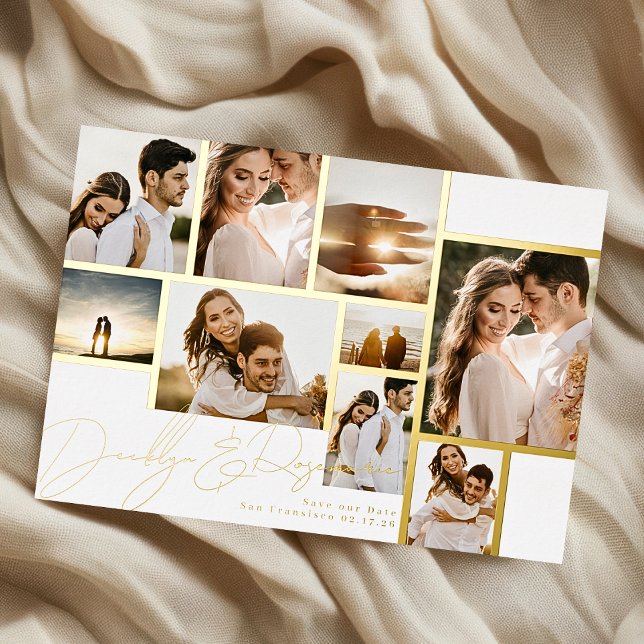White Collage Multi Photo Frame Save The Date Gold Foil Invitation (Creator Uploaded)