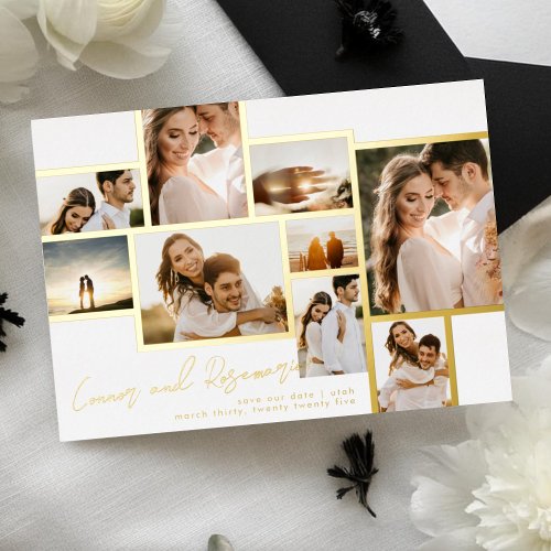 White Collage Multi Photo Frame Save The Date Gold Foil Invitation