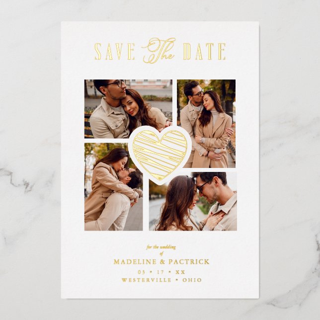 White Collage Wedding Golden Heart 4 Photos Real  Foil Invitation (Front)