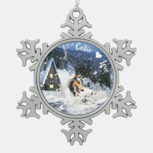 White Collie & Lambs in Fairytale Snowy Night - Snowflake Pewter Christmas Ornament