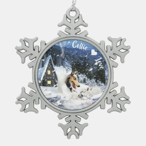 White Collie  Lambs in Fairytale Snowy Night _ Snowflake Pewter Christmas Ornament