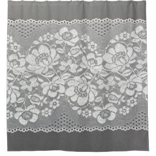 White color straight strip of lace fabric on gray shower curtain