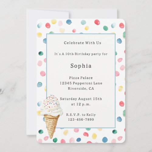 White Colorful Confetti Ice Cream Cone Birthday Invitation