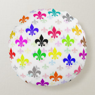 White Colorful Fleur-de-lis Pattern Design Round Pillow