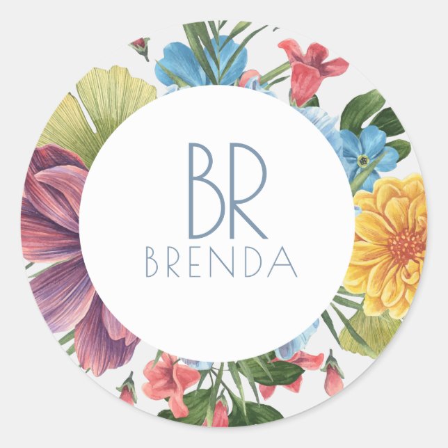 White & Colorful Flowers Bouquet Monogram Classic Round Sticker (Front)
