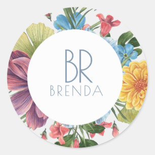 White & Colorful Flowers Bouquet Monogram Classic Round Sticker
