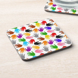 White Colorful Handprint Pattern Design Beverage Coaster