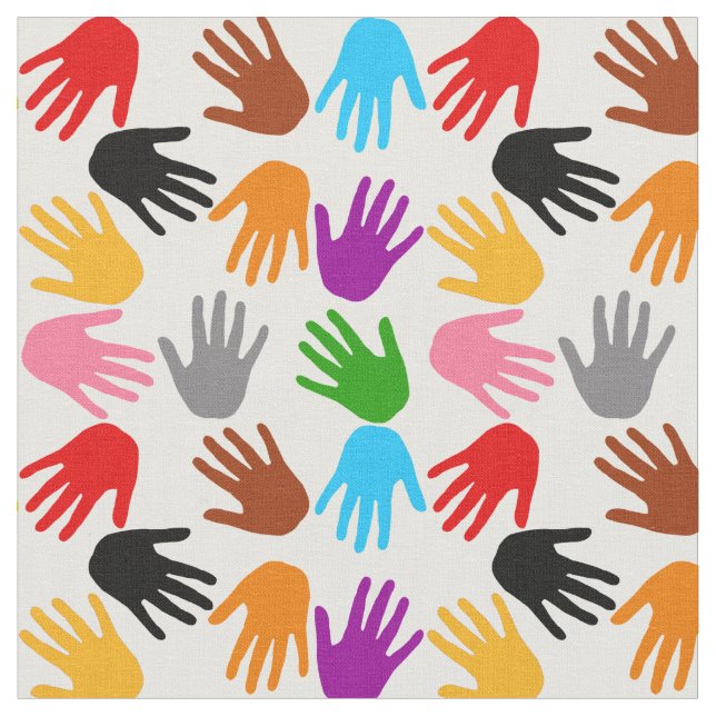White Colorful Handprint Pattern Design  Fabric (Close Up)