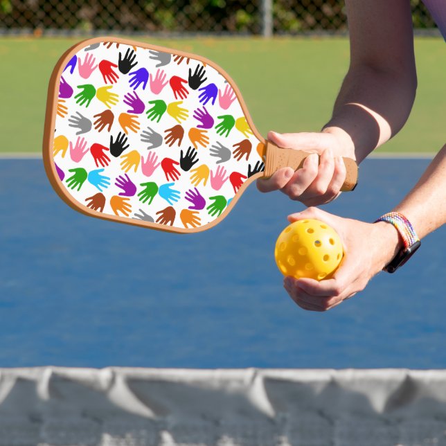 White Colorful Handprint Pattern Design  Pickleball Paddle (Insitu)