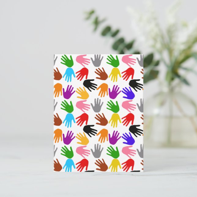 White Colorful Handprint Pattern Design  Postcard (Standing Front)