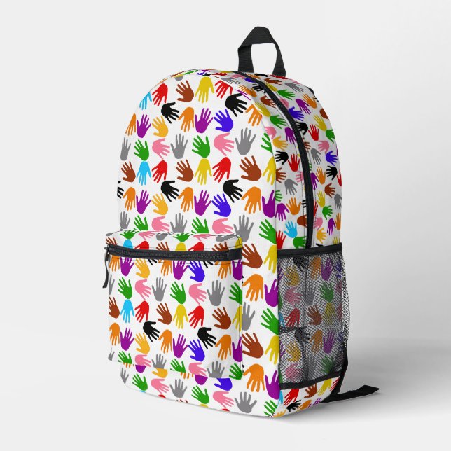 White Colorful Handprint Pattern Design  Printed Backpack (Back Corner Right)