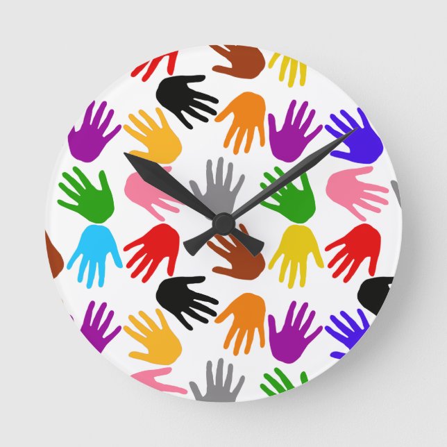 White Colorful Handprint Pattern Design  Round Clock (Front)