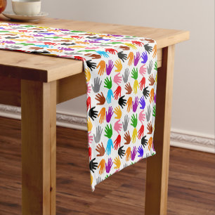 White Colorful Handprint Pattern Design Short Table Runner