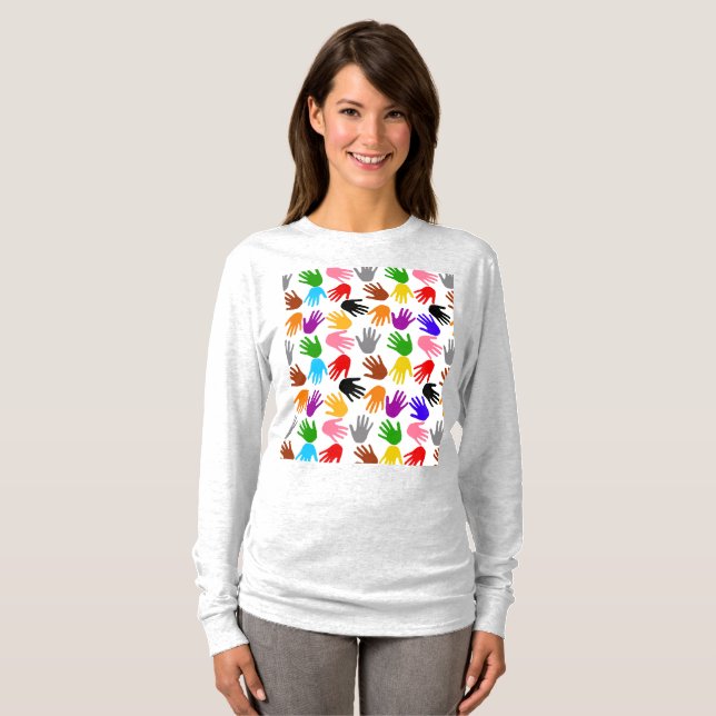White Colorful Handprint Pattern Design  T-Shirt (Front Full)