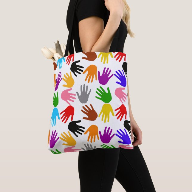 White Colorful Handprint Pattern Design  Tote Bag (Close Up)
