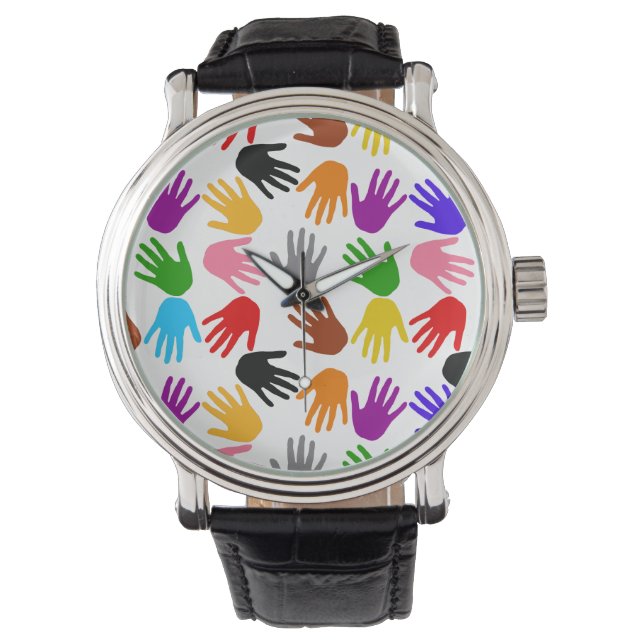 White Colorful Handprint Pattern Design  Watch (Front)