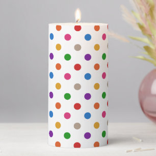White Colorful Rainbow Polka Dots Design Pillar Candle