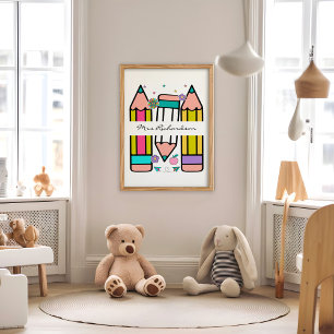 White Colorful Teacher Cartoon Pencil Poster