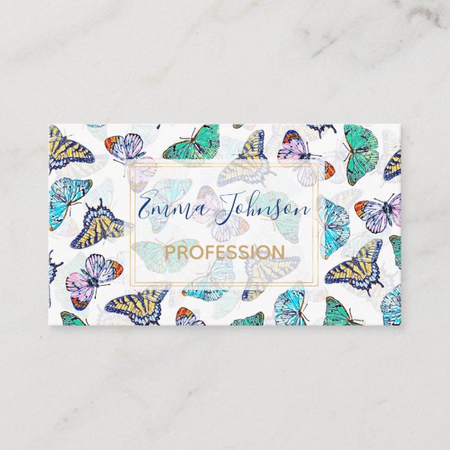 White Colorful Watercolor Butterflies Business Card (Front)
