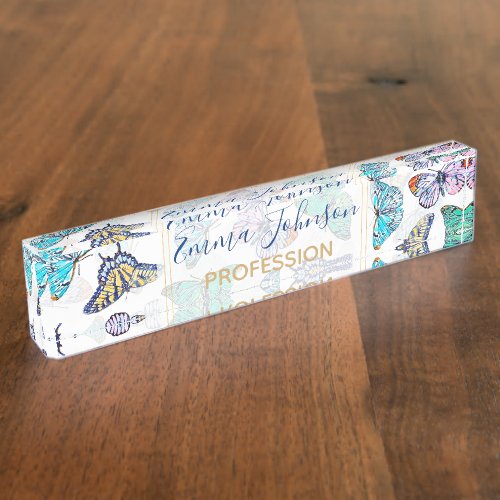 White Colorful Watercolor Butterflies Desk Name Plate