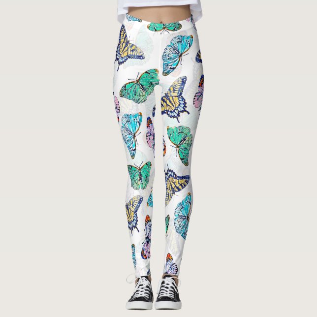 White Colorful Watercolor Butterflies Leggings (Front)