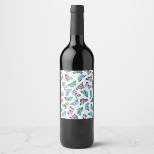 White Colorful Watercolor Butterflies Wine Label