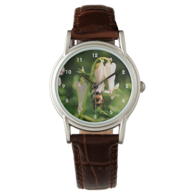 White Columbine Flower And Bumble Bee    Watch (Front)